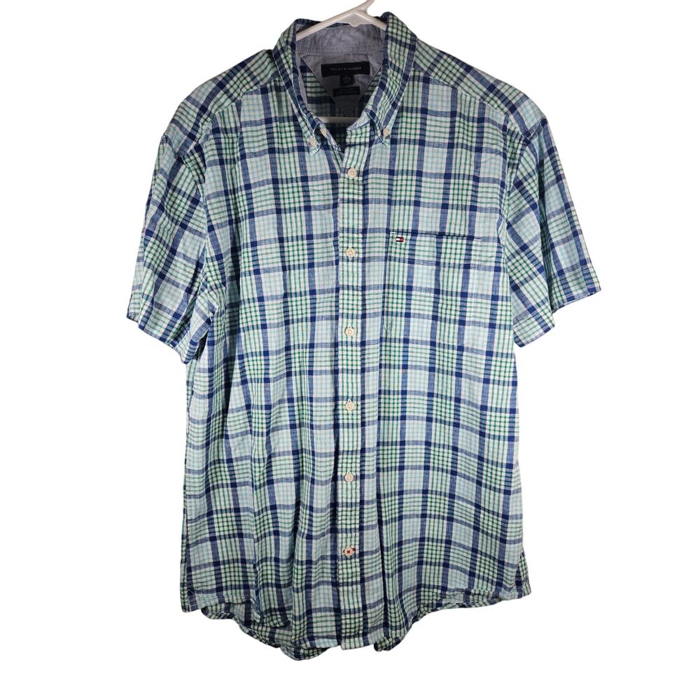 Tommy Hilfiger Mens Button Down Plaid Shirt Short Sleeve Blue Green‎ Sz XL